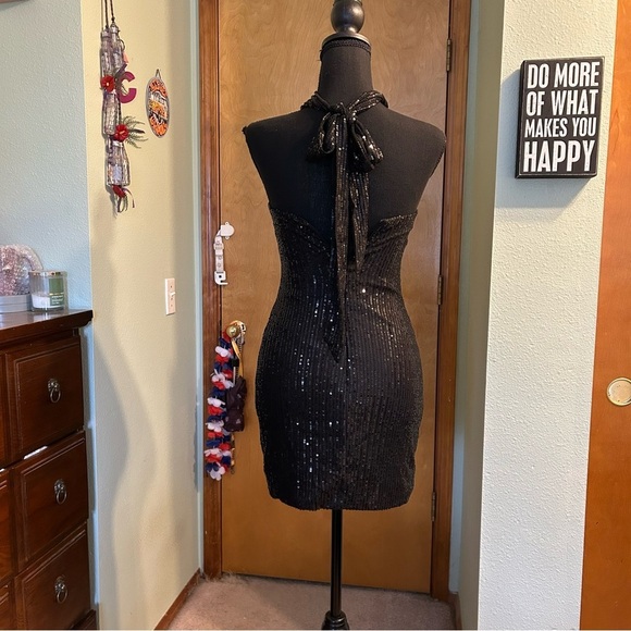 NWOT black sequined halter mini dress size 0 prom cocktail party dress - Picture 4 of 11